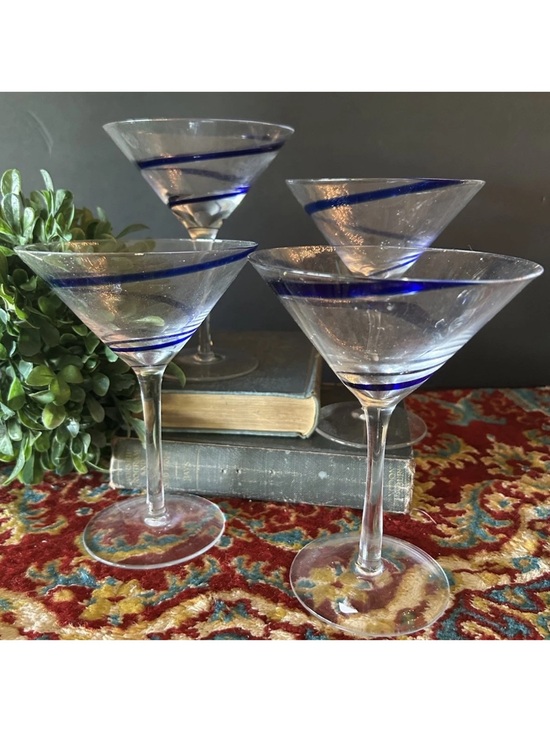 Pier 1 Other - 4 Pier 1 Swirline Blue Martini Cocktail Glasses 6.5" Excellent Condition